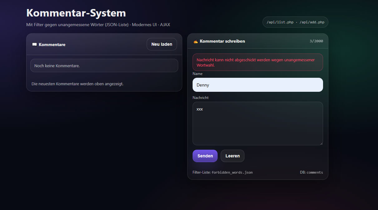 Kommentarsystem mit Blacklist Wörtern